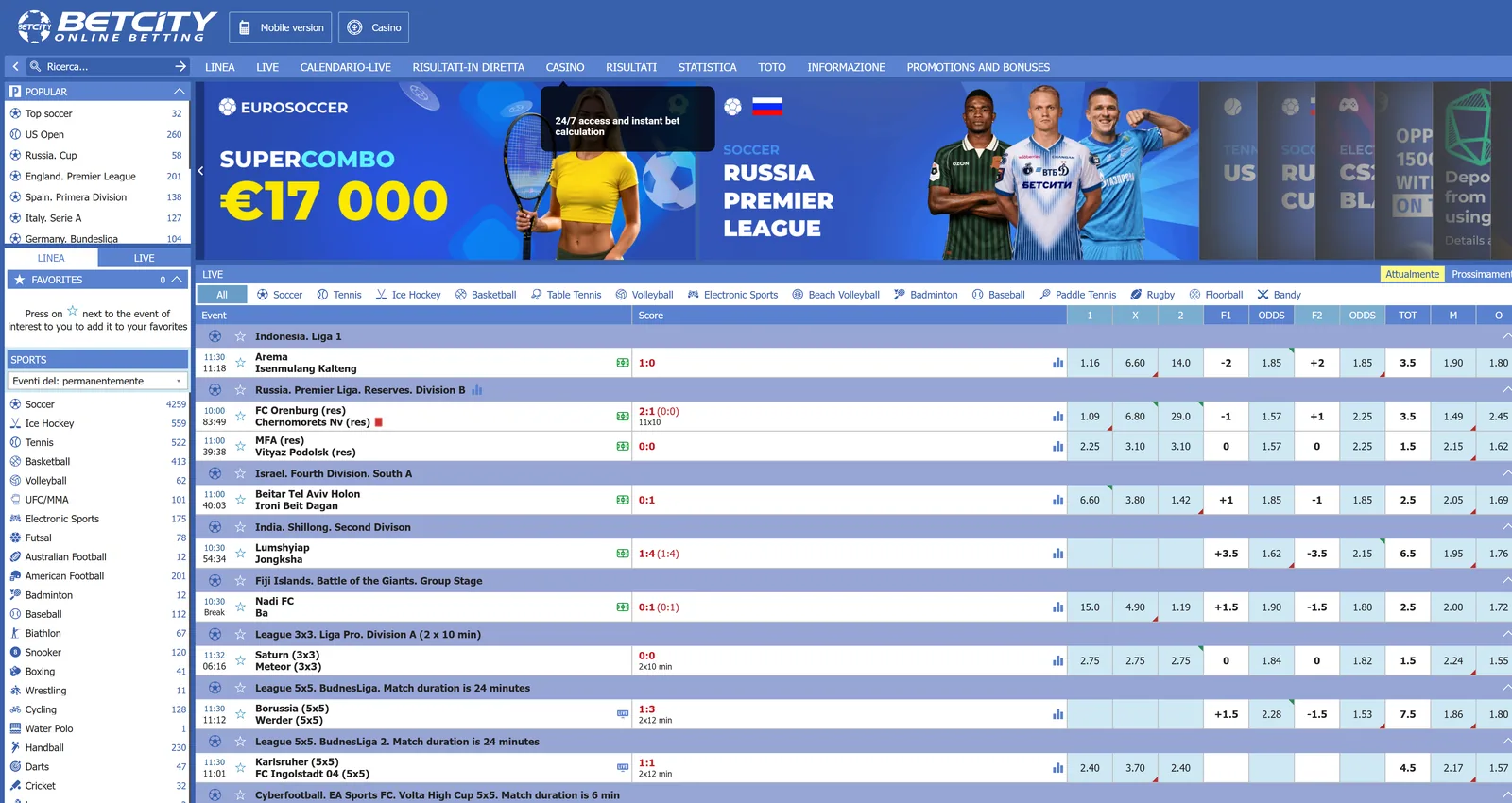 Home Betcity: linea, live e tabella quote