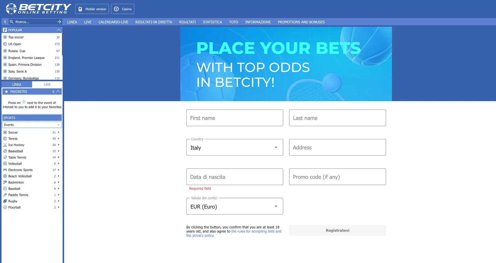 betcity Italy registration